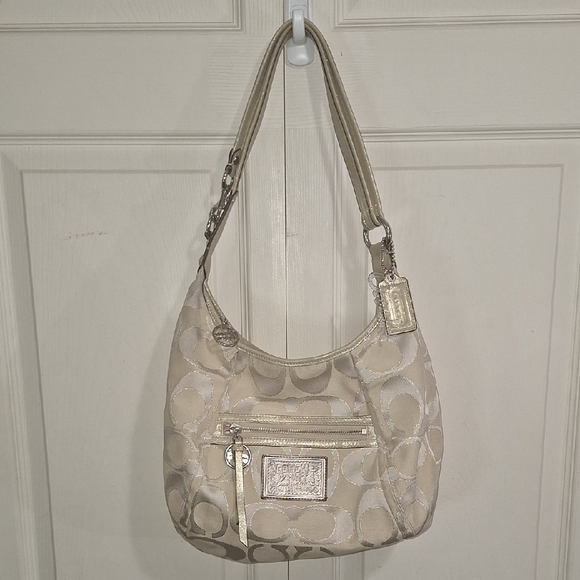 Coach Poppy Cream Shoulder Hobo Bag with Cloth Signature Monogram Leather Strap - Picture 1 of 12